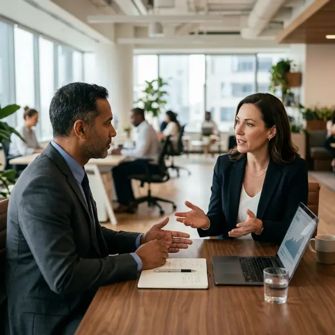 相手を尊重しながら自分の主張をしっかりと伝えるアサーションを象徴する、デスクを挟んで穏やかで礼儀正しく、しかし毅然と話し合う2人のビジネスパーソンの高品質な写真