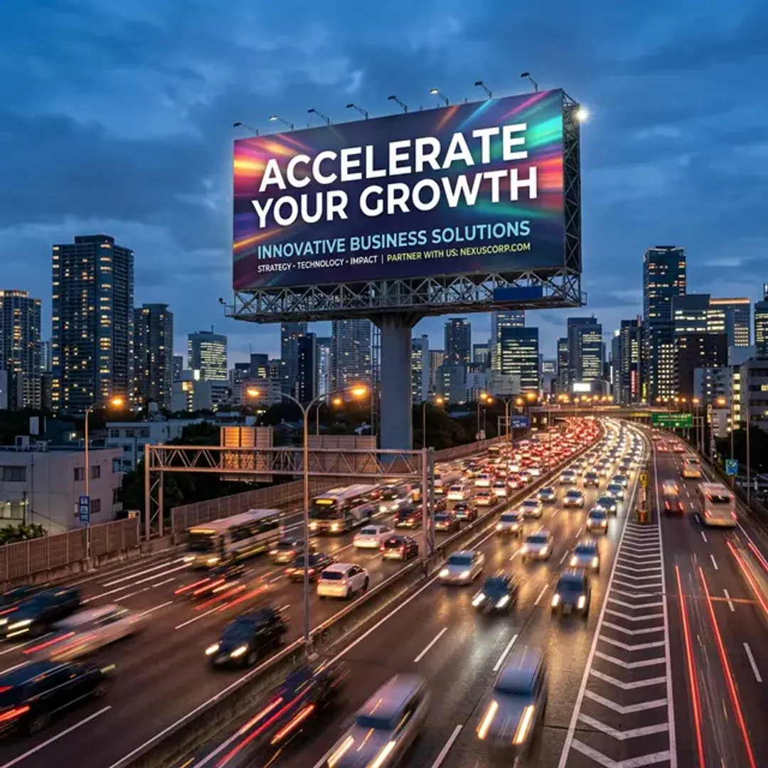 不特定多数に同一のメッセージを大量に届けるマスマーケティングを象徴する、夜の高速道路沿いにそびえ立つ明るく巨大な広告看板(ビルボード)の高品質な写真