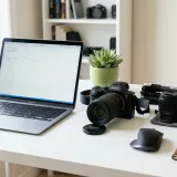 清潔な白いデスクに置かれたノートパソコン。その横には、メインの製品とその機能を引き立てるアクセサリー類が綺麗に並べられ、セットでの提案（クロスセル）を表現している。