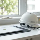 清潔な白いデスクに置かれたノートパソコン。その横には、プロフェッショナルなヘルメットと保護メガネがあり、安全への配慮（リスクマネジメント）を表現している。明るい自然光のプロフェッショナルな写真。