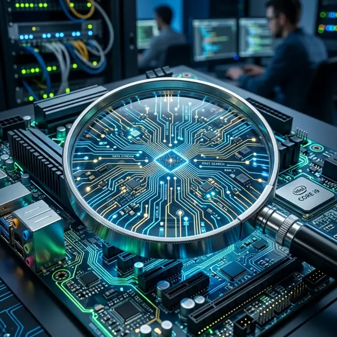 大量のデータから高速に検索と分析を行うElasticsearchを象徴する、光るマザーボードを探査する虫眼鏡の高品質な写真