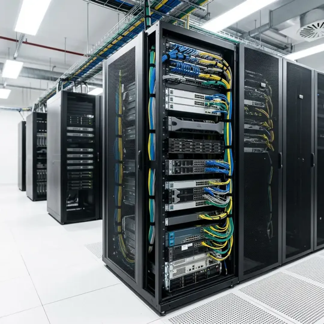 サーバーラックが立ち並ぶデータセンターの高品質なイメージ写真