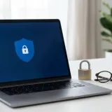 清潔なデスクに置かれたノートパソコン。画面には控えめな青い盾のアイコンが表示され、隣には小さな金属製の南京錠とメガネが置かれている。