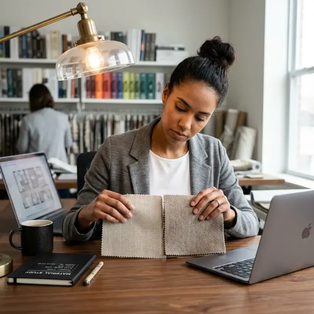 2つのパターンを用意してどちらがより良い成果を出すか比較するABテストを象徴する、似て非なる2つの物理的な素材サンプルを注意深く比較するデザイナーの高品質な写真
