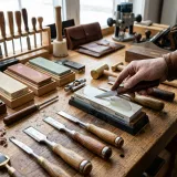 一流の職人や料理人が使うような専用の高級なナイフ（包丁）や道具が作業台に並べられ、丁寧に手入れ・研がれている様子。今持っている専門性をゼロから別のものに変えるのではなく、より深く鋭く極めていく「アップスキリング（専門性の進化）」のイメージ