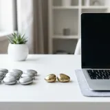 清潔な白いデスクに置かれたノートパソコン。その横には、2つの金色の石と8つの銀色の石が並べられ、2:8のバランス（パレートの法則）を表現している。明るい自然光のプロフェッショナルな写真。