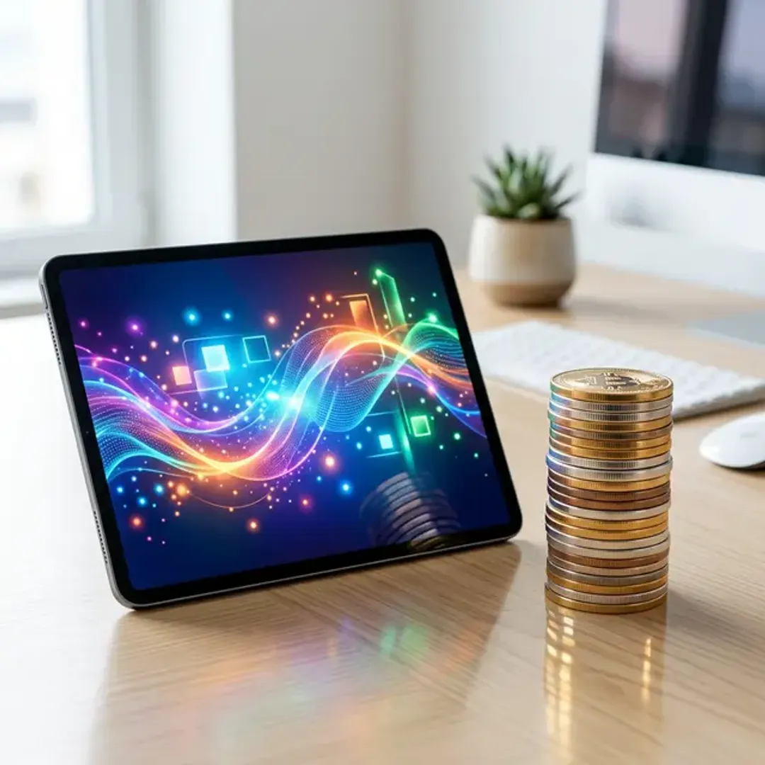 広告の費用対効果(ROAS)を表現するタブレットとコインの高品質なイメージ写真