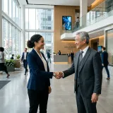 事業会社が自社の戦略とシナジーを見込んでスタートアップに投資するCVC(コーポレートベンチャーキャピタル)を象徴する、大企業のロビーで若手起業家と握手する大企業のエグゼクティブの高品質な写真