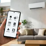 スマートフォンの画面で家電を操作している様子。背景にはモダンなリビングルームとエアコン、照明が見える。明るい自然光のプロフェッショナルな写真。