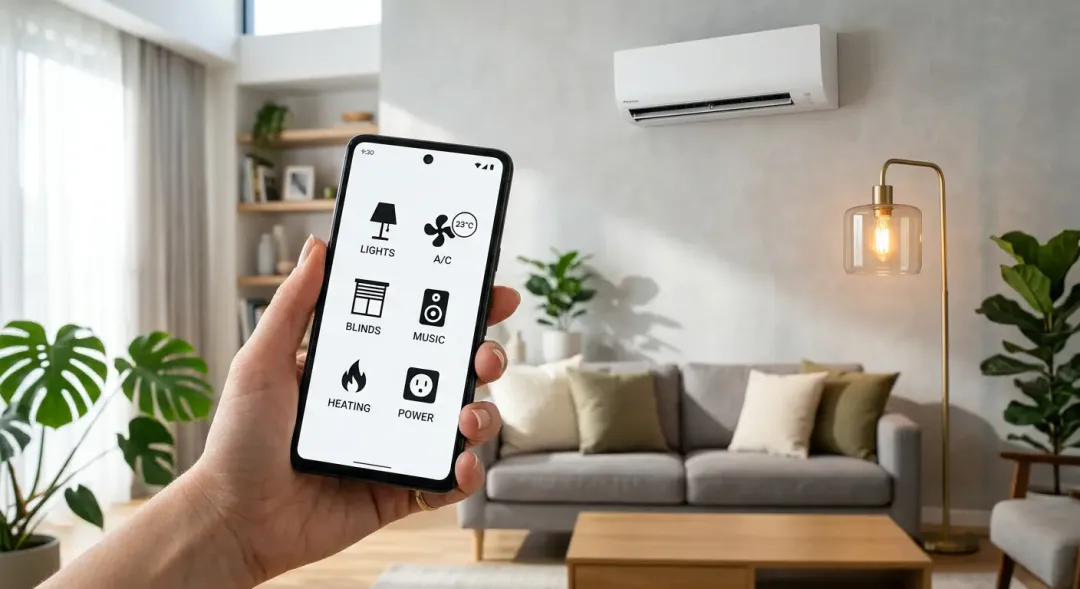 スマートフォンの画面で家電を操作している様子。背景にはモダンなリビングルームとエアコン、照明が見える。明るい自然光のプロフェッショナルな写真。