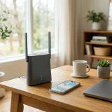 Wi-Fi通信を表現するモダンなルーターとスマートフォンの高品質なイメージ写真