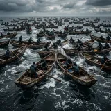 競争の激しい既存市場(レッドオーシャン)を象徴する、荒れ狂う暗い海で何百隻もの同じような木製のボートが激しくぶつかり合って場所を奪い合う高品質な写真