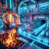 データの抽出・変換・書き出しを一元化するETLプロセスを象徴する、カオスな素材を取り込み綺麗なキューブへ変換して金庫へ積み込む光るサイバー工場の高品質写真