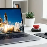 清潔な白いデスクに置かれたノートパソコン。その横には、赤く丸いボタンのオブジェがあり、パソコンの画面には打ち上げられるロケットが映し出され、新サービスの開始（ローンチ）を表現している。