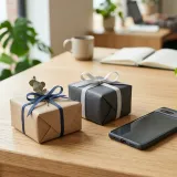 清潔な木のテーブルの上に置かれた2つの小さなギフトボックス。個人同士の心のこもったやり取り（CtoC）を象徴する、明るくプロフェッショナルな写真。