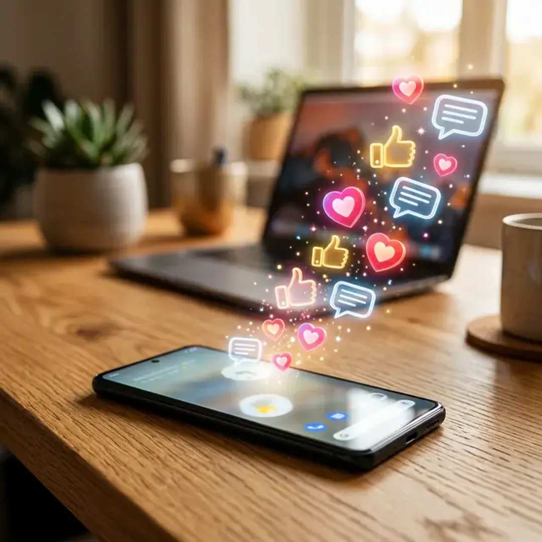 ユーザーとのつながり(エンゲージメント)を表現する、スマホから溢れるアイコンの高品質な写真