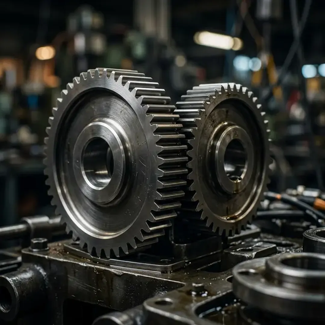 作り手主導の「プロダクトアウト」と顧客視点の「マーケットイン」がうまく噛み合う様子を象徴する、完璧に設計されて隙間なく噛み合う2つの頑丈な鋼鉄製ギアの高品質な写真