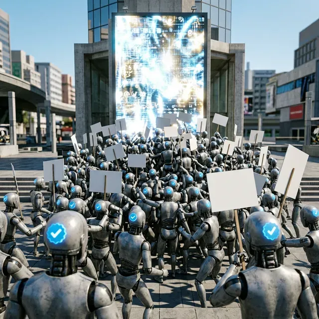 人気のアカウント（発信者）の周りに、青いバッジ（認証マーク）をつけた不気味なゾンビたちが「お金（広告収益）プリーズ！」と叫びながら、無意味なコピペの看板を持って群がっている地獄のようなSNSのイメージ