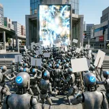 人気のアカウント（発信者）の周りに、青いバッジ（認証マーク）をつけた不気味なゾンビたちが「お金（広告収益）プリーズ！」と叫びながら、無意味なコピペの看板を持って群がっている地獄のようなSNSのイメージ