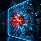 修正パッチ提供前の脆弱性を突くゼロデイ攻撃を象徴する、見えない脅威によって突然破壊される光る青いバリアの高品質な写真