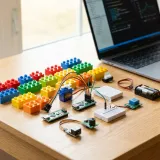 白く清潔なデスクの上に置かれた、カラフルなブロックやおもちゃの部品。背景にはノートパソコンが一部写っている。