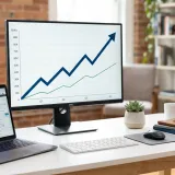 清潔な白いデスクに置かれたノートパソコン。画面には、一番上の行が強調された財務諸表（損益計算書）が表示されており、売上高（トップライン）を表現している。明るい自然光のプロフェッショナルな写真。