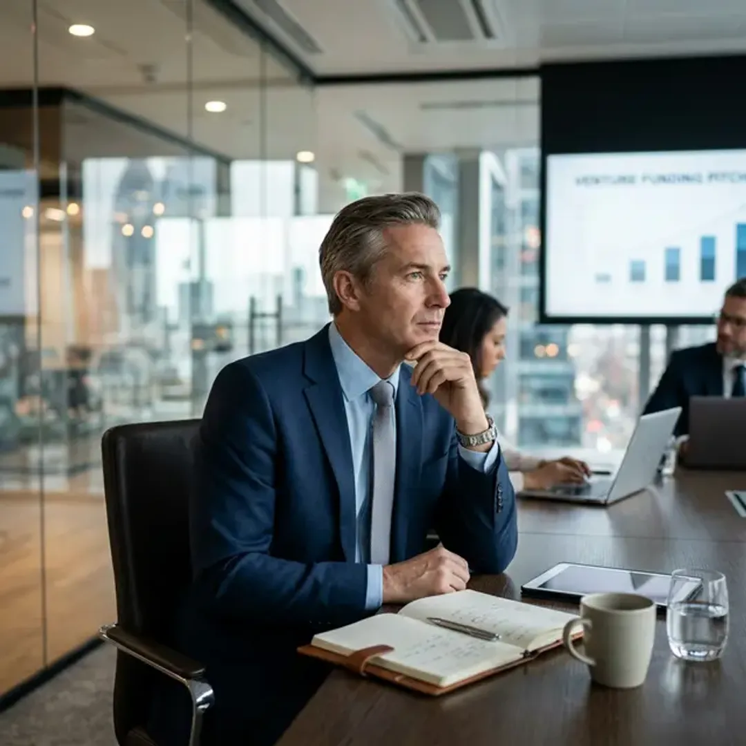 成長性の高い未上場企業に投資するベンチャーキャピタル(VC)を象徴する、ガラス張りの役員会議室でスタートアップのプレゼンを注意深く聞く洗練された投資家の高品質な写真