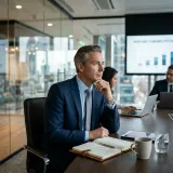 成長性の高い未上場企業に投資するベンチャーキャピタル(VC)を象徴する、ガラス張りの役員会議室でスタートアップのプレゼンを注意深く聞く洗練された投資家の高品質な写真