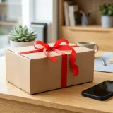 清潔な木のデスクの上に置かれた配達小包と、最新のスマートフォン。個人向けのサービス（BtoC）を象徴する、明るくプロフェッショナルな写真。