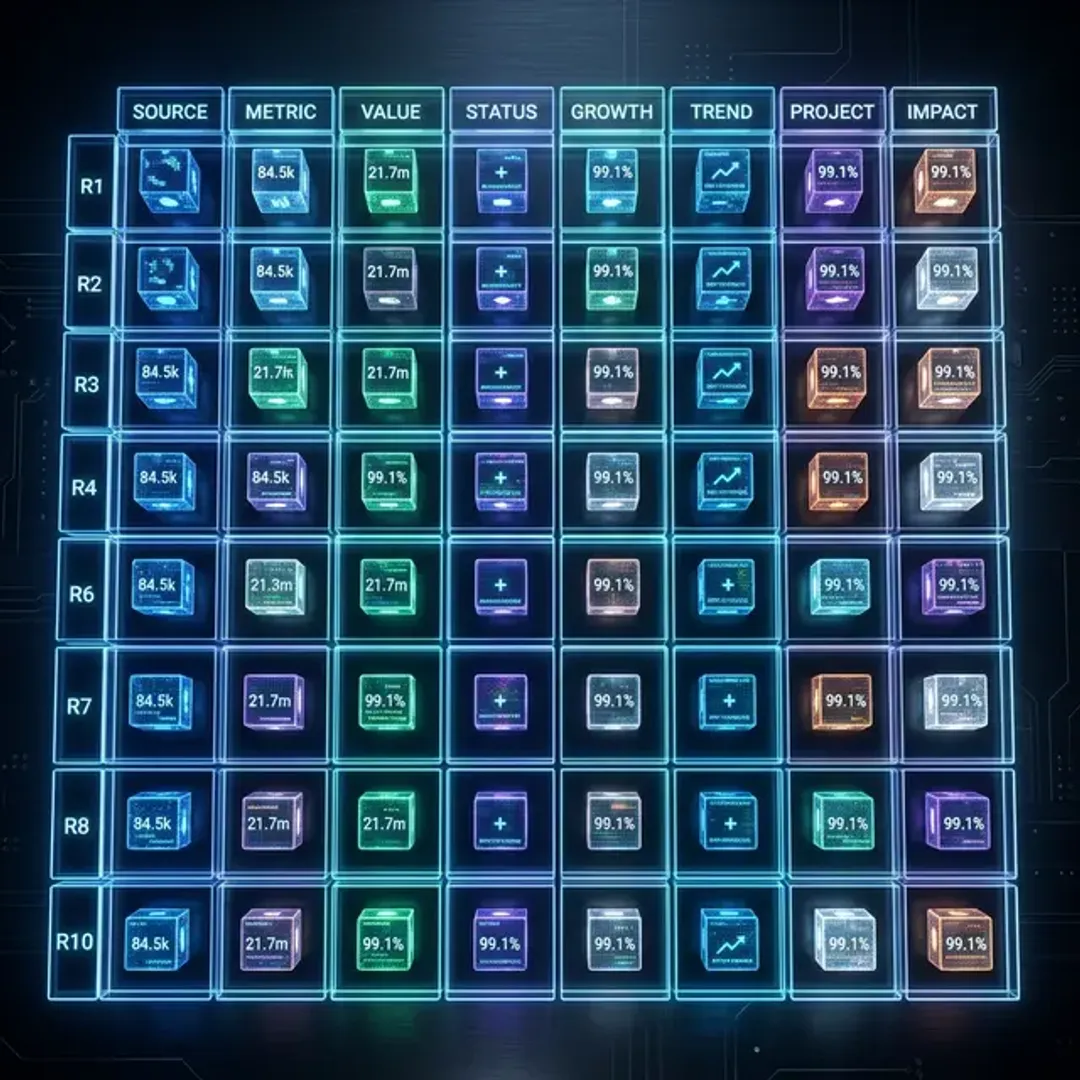 データをカンマで区切ったシンプルな形式のCSVを象徴する、ガラスで綺麗に区切られたスプレッドシート状の光るデータキューブの高品質写真