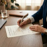 応募者の経歴やスキルをまとめた職務経歴書(レジュメ)を象徴する、金属製のペンを持ちながら美しくフォーマットされた紙のレジュメを真剣に確認する採用担当者の高品質な写真