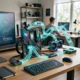 LLMと様々なツールを連携させるLangChainを象徴する、複数の高度なコンピューター部品を繋ぎ合わせるガラスの鎖の高品質写真