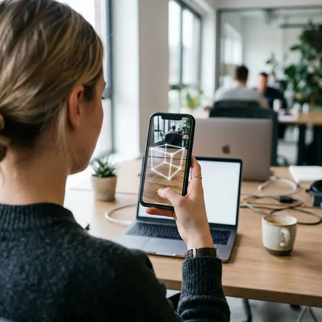 AR（拡張現実）で現実世界に重なる3Dモデルを表す高品質なイメージ写真