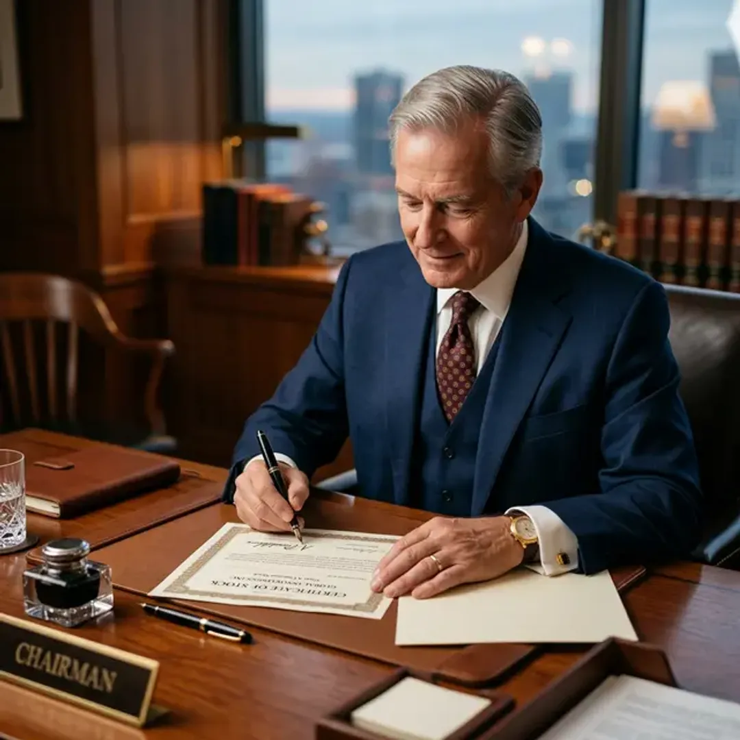 株式会社の出資者でありオーナーである株主を象徴する、マホガニーのデスクで株式の公式証明書類に正式に署名するスーツ姿の紳士の高品質な写真