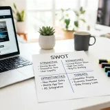 清潔な白いデスクの上に置かれたノートパソコン。その横には「SWOT」と書かれた2x2のマトリックス図があり、色とりどりのマーカーで分析されている様子を表現している。