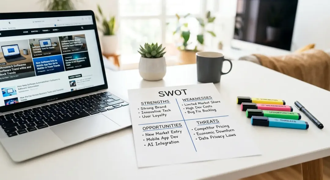 清潔な白いデスクの上に置かれたノートパソコン。その横には「SWOT」と書かれた2x2のマトリックス図があり、色とりどりのマーカーで分析されている様子を表現している。