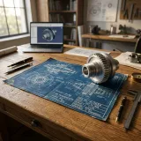 既存のクラスの機能を引き継いで新しいクラスを作る継承を象徴する、古い設計図の隣に並べられた最新の機械部品の高品質な写真