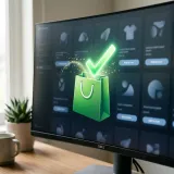 最終的な成果(コンバージョン)を象徴するショッピングバッグと光るチェックマークの高品質な写真