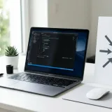 清潔な白いデスクに置かれたノートパソコン。その横には、中心に向かって5つの矢印が突き刺さるような図解があり、業界内の競争要因（5フォース）を表現している。明るい自然光のプロフェッショナルな写真。