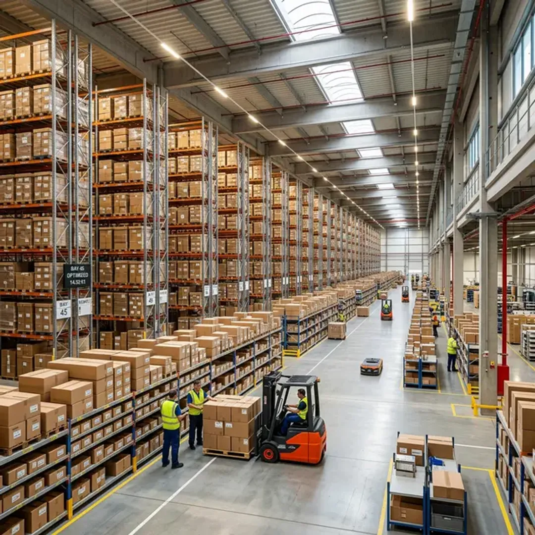 目的別に大量のデータを整理・蓄積するDWH(データウェアハウス)を象徴する、巨大な倉庫に整然と箱が収納された高品質な写真