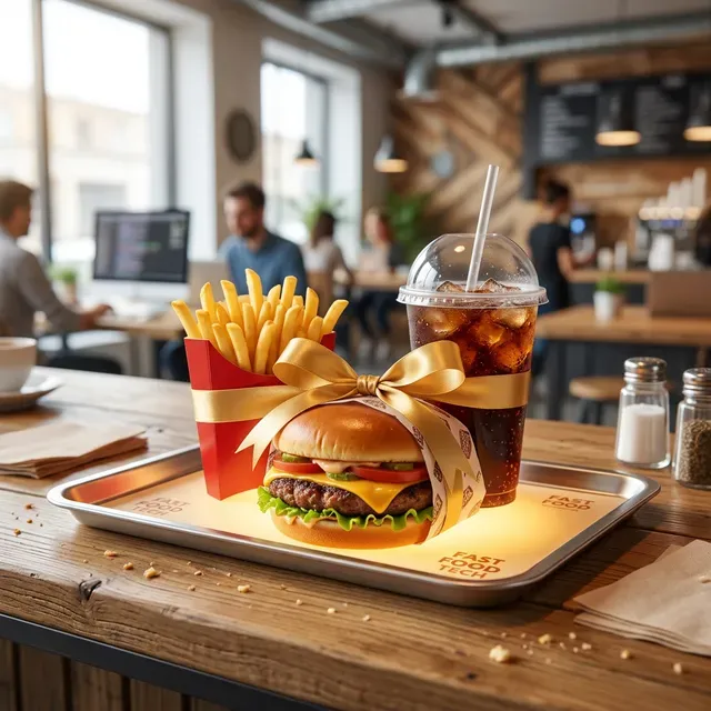 ファストフード店で、単品で買うよりもお得そうに見える「ハンバーガー・ポテト・ドリンクの豪華セットメニュー」を、レジ前で店員がお客さんに魅力的に勧めているイメージ
