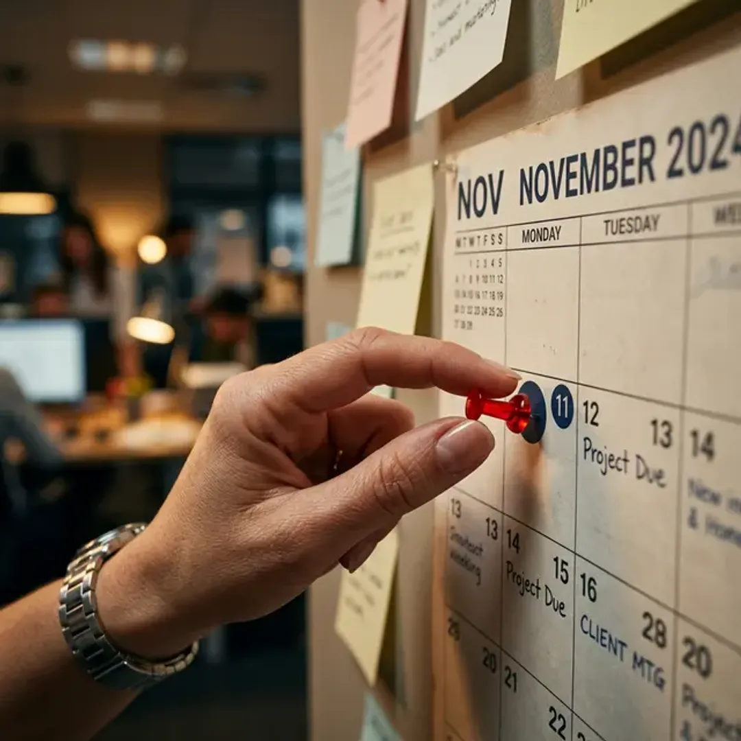 予定や期限を本来のスケジュールより早める前倒しを象徴する、壁掛けカレンダーの予定より早い日付に、ビジネスパーソンの指が焦って赤い押しピンを刺し込む完璧な構図の高品質な写真