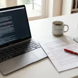 清潔な白いデスクに置かれたノートパソコンと、赤ペンで修正が入った書類。一度作ったものをより良くする（リバイズ）を表現している。明るい自然光のプロフェッショナルな写真。