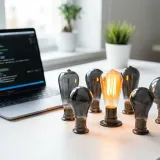 清潔な白いデスクに置かれたノートパソコン。周囲には普通の電球が並んでいるが、一つだけ色鮮やかに光り輝く電球があり、革新（イノベーション）を表現している。