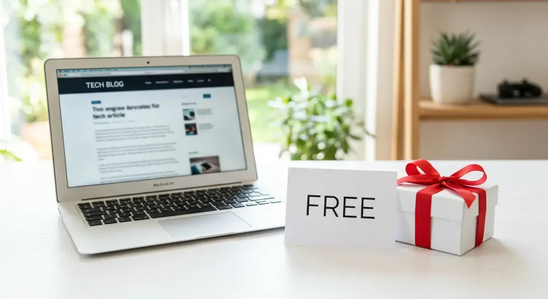 清潔な白いデスクに置かれたノートパソコン。その横には「FREE」と書かれたカードと、赤いリボンがかかった小さなギフトボックスが置かれている。
