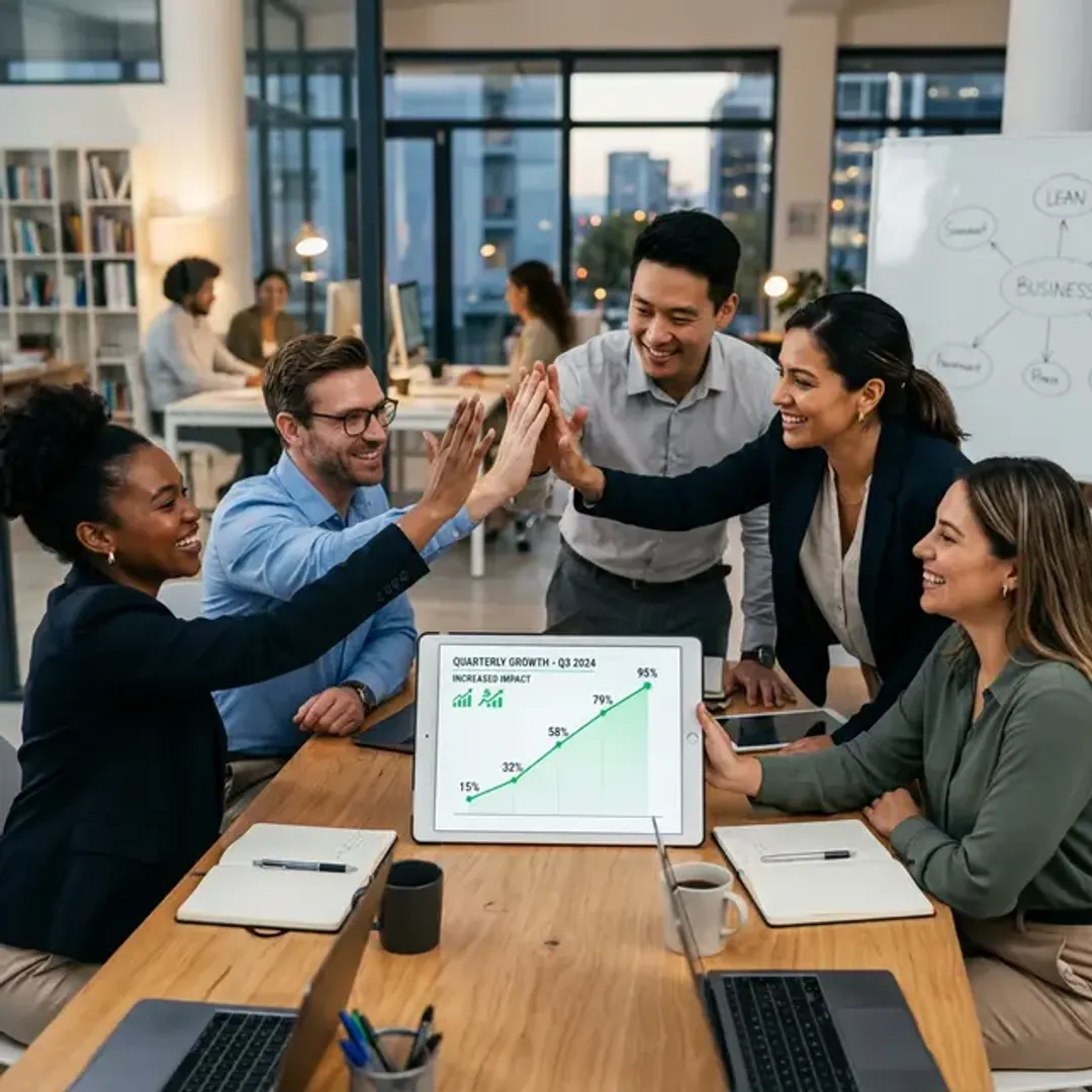 アウトプットによってもたらされたポジティブな結果やビジネスインパクト(アウトカム)を象徴する、右肩上がりの折れ線グラフがタブレットに表示され、チームが小さくハイタッチして喜ぶ高品質な写真