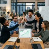 アウトプットによってもたらされたポジティブな結果やビジネスインパクト(アウトカム)を象徴する、右肩上がりの折れ線グラフがタブレットに表示され、チームが小さくハイタッチして喜ぶ高品質な写真