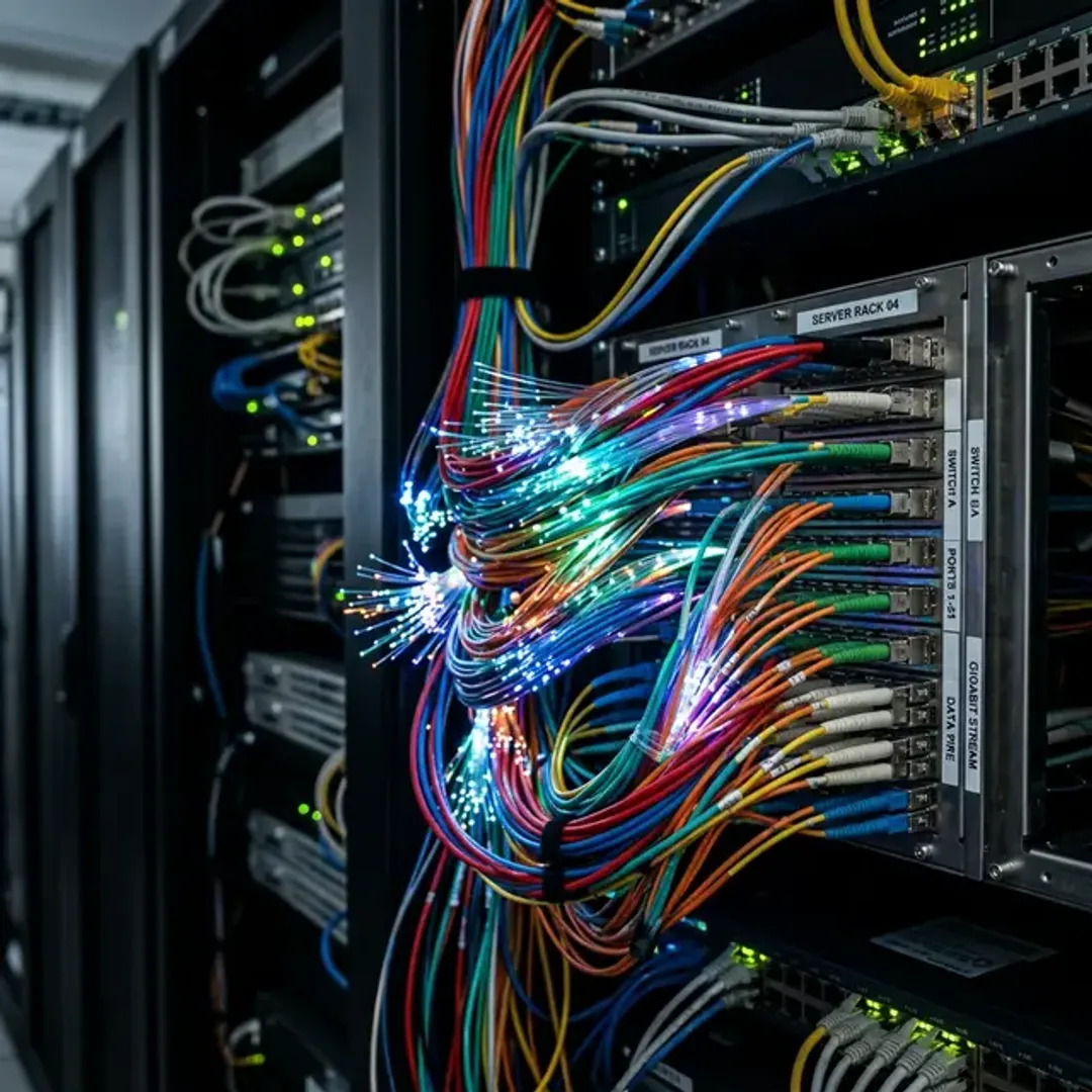 リアルタイムで大容量のストリーミングデータを処理するApache Kafkaを象徴する、激しくやり取りされる光信号を流す光ファイバーの高品質写真