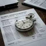 発注から納品までにかかる時間であるリードタイムを象徴する、物流の配送伝票書類の上に正確に時を刻む美しい銀色のストップウォッチが置かれた高品質な写真