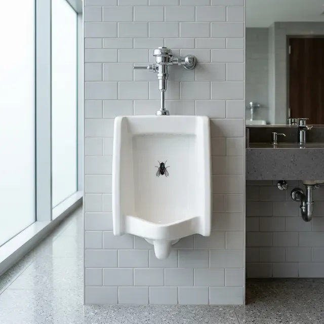 男子トイレの小便器の中央に、小さな「ハエの的（シール）」が貼られており、利用者が無意識のうちにそこを狙って小便をしてしまうため、結果としてトイレが汚れなくなるという「ナッジ（そっと後押し）」の原理を示すコミカルなイメージ